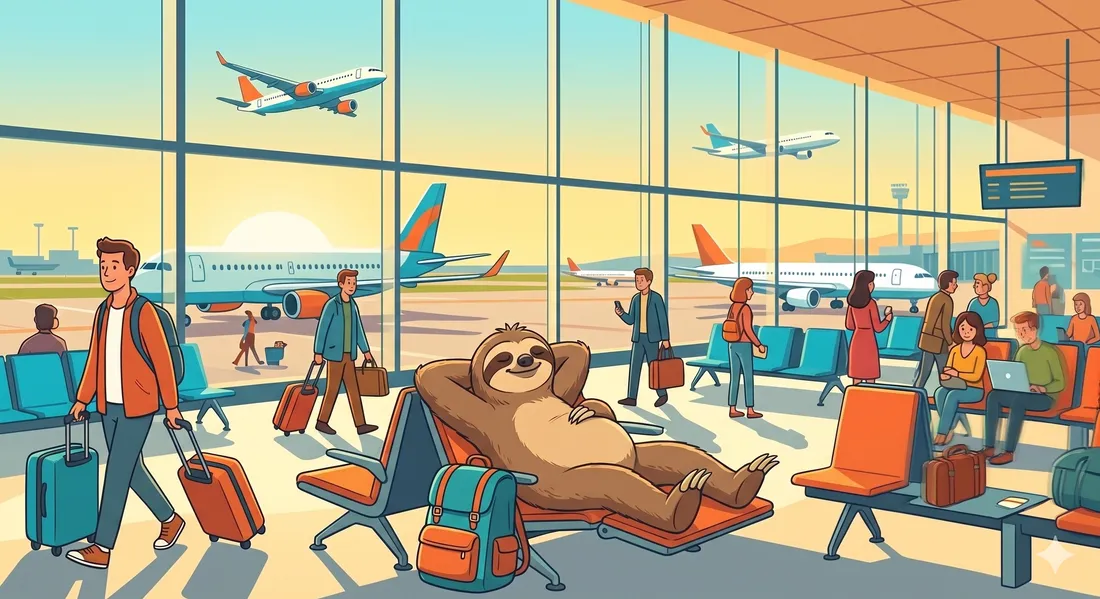 Viajeros con maletas de cabina en una sala de espera de aeropuerto
